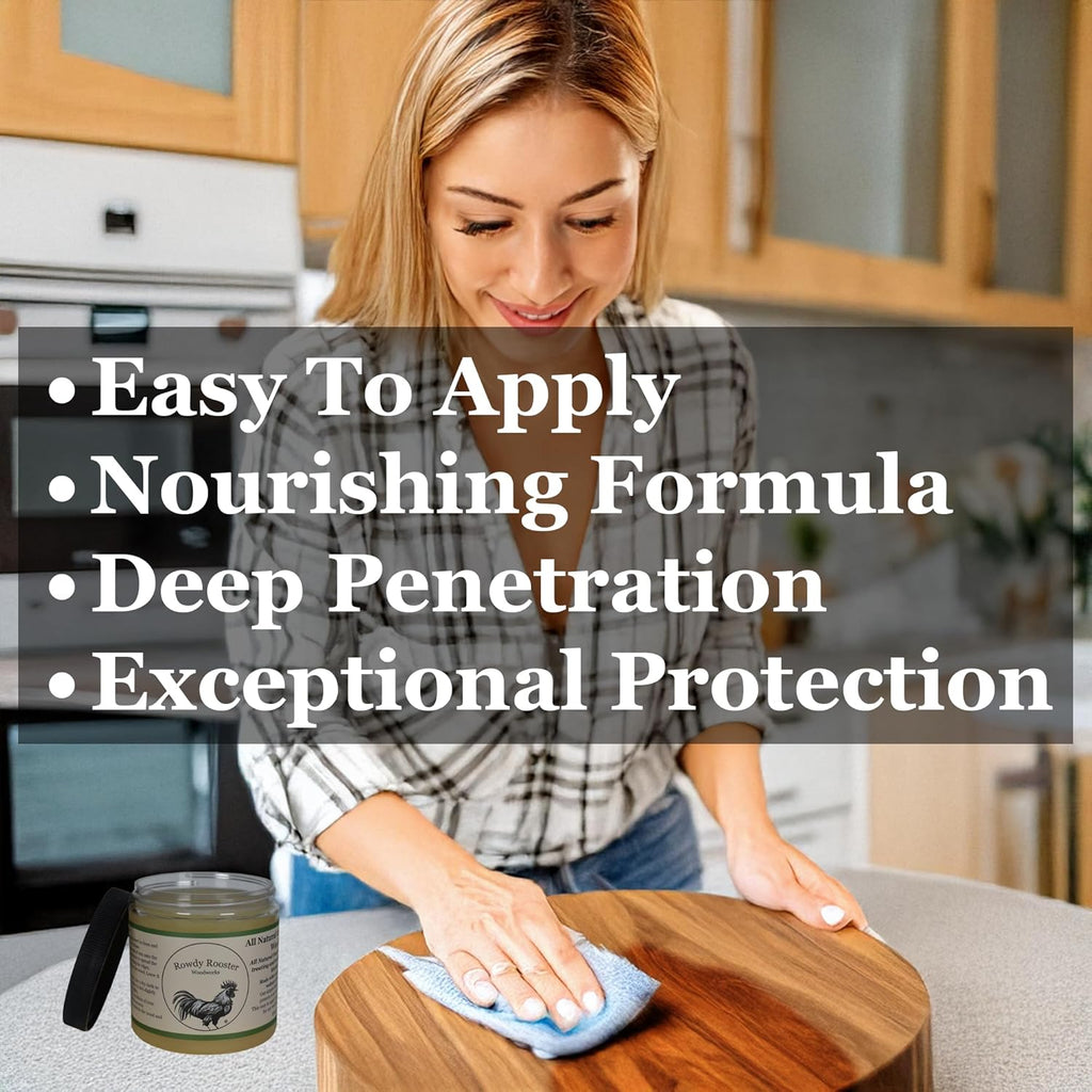 Rowdy Rooster Woodworks 2-Step Cutting Board Care System Refined Walnut Oil & Beeswax Wood Conditioner Kit with Applicator Set, 2 x 8 oz, for Butcher Blocks & Wood Kitchenware, USA Made